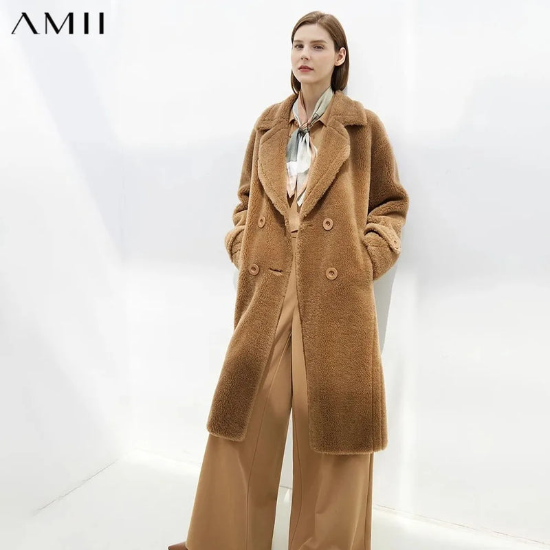 Amii Fur Coat 2026 Winter New Warm Office Lady Turn-Down Collar Full Wool Outerwears Straight Double-breasted Coat 12554013