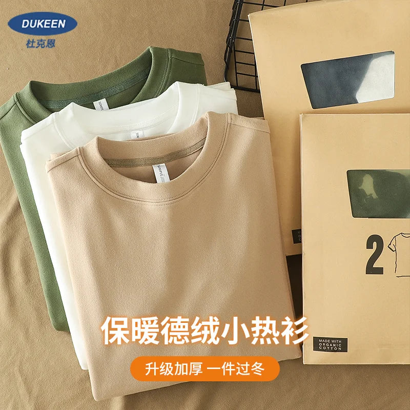 DUKEEN 350G Two-Sided Dralon Fabrics Long Sleeve T Shirts for Men Autumn and Winter Solid Color Warm Fleece Undershirts Men