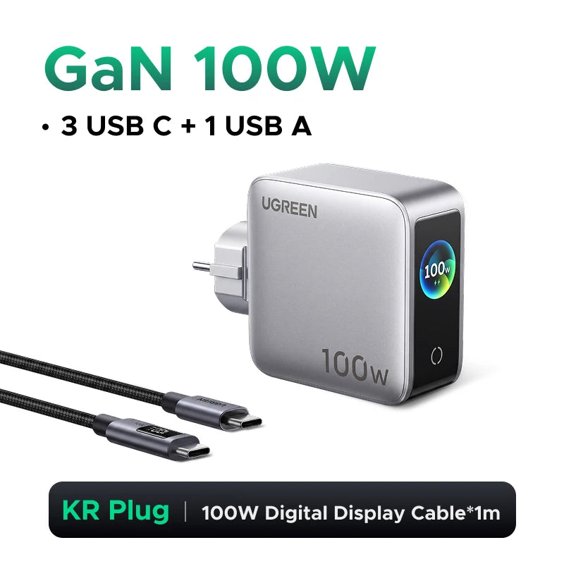 UGREEN 100W GaN Charger With Smart Display EU/UK/US Foldable Plug QC4.0 AVS For Macbook Pro Laptop iPhone 18 17 Pro iPad Samsung