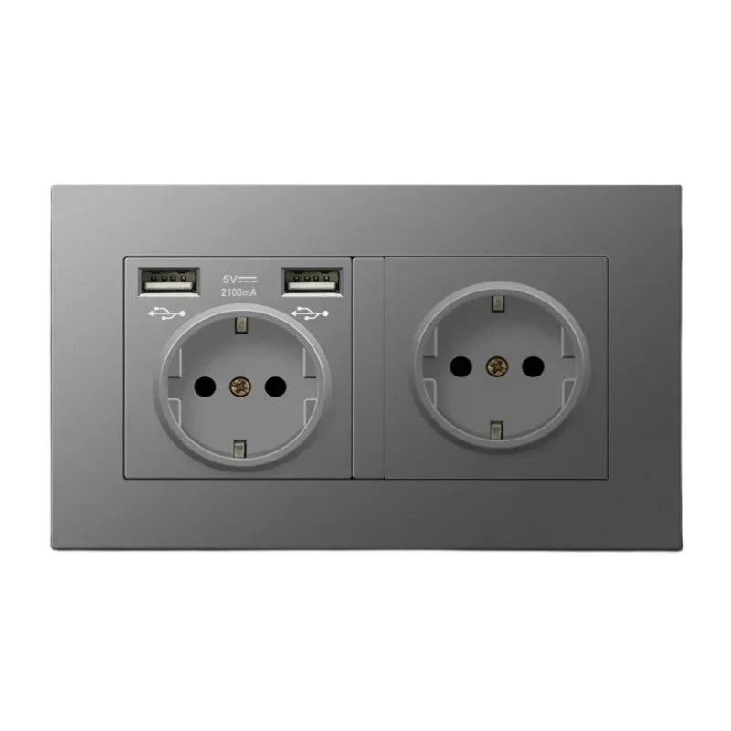 Black PC European Standard Dual 16A Wall Socket with Usb Charging Port, USB Plug Adapter 220V Power Socket Strip 146mm*86mm
