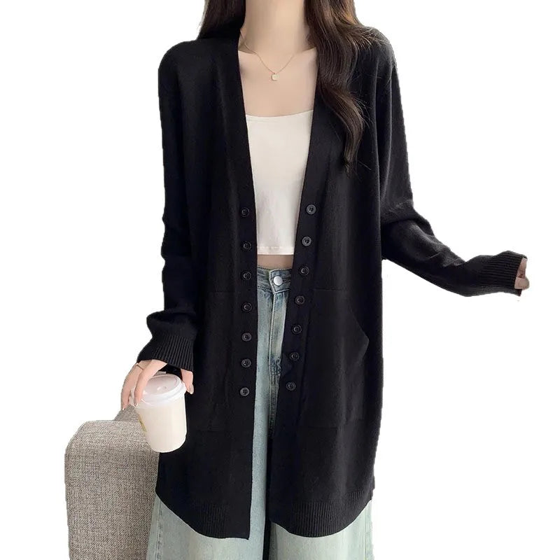 Spring Autumn Middle-long Knitwear Top New Cardigan Women's Sweater Jacket Casual Knitting Woolen Coat Woman Clothing Pocket