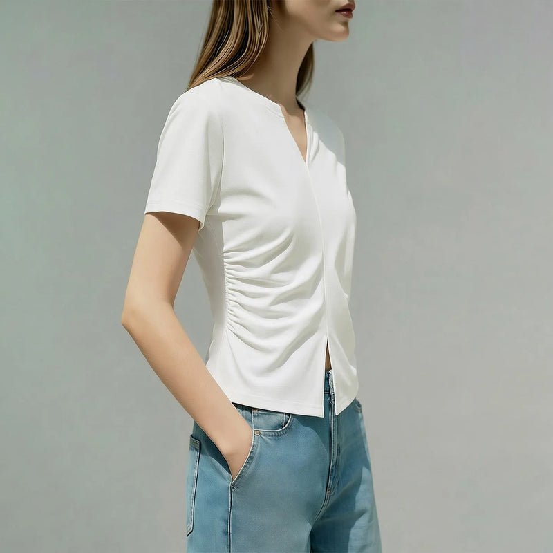 Amii Women's T-Shirt 2026 Summer New V Neck Hem Slit Shirred Knit Top Colid Color Casual Women's Short Sleeve T-shirt 12622129