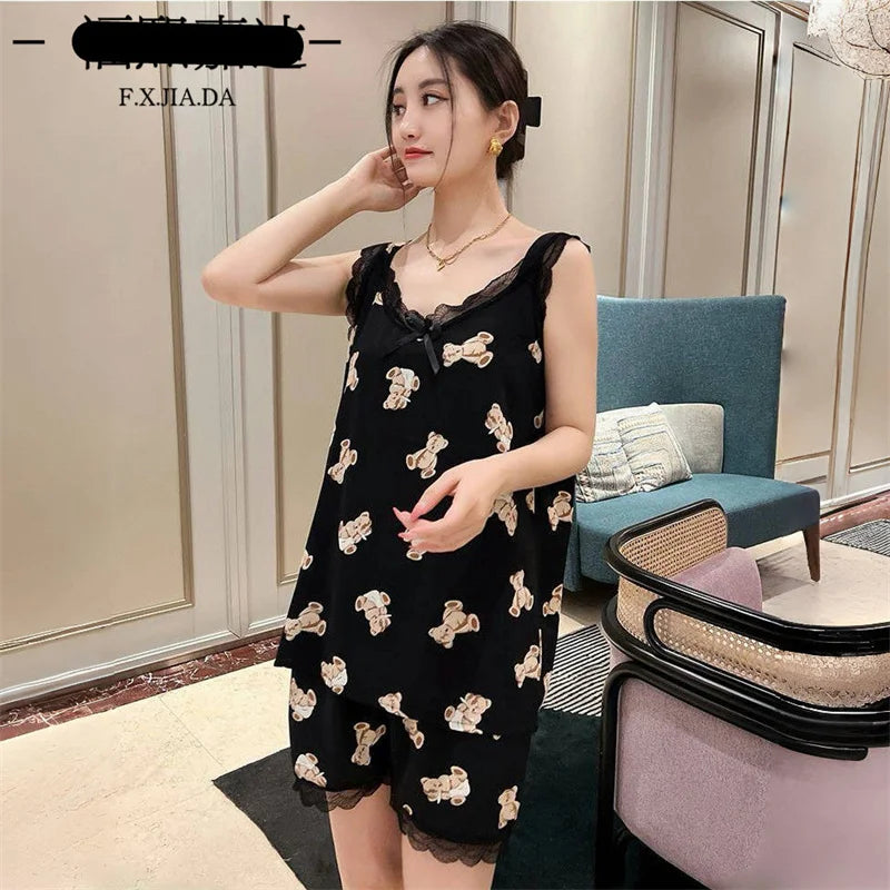 XL-6XL Sweet Thin Sleeveless Tops Shorts Set V Neck Sleepwear Women Plus Size Rayon Nightwear Pajamas Female Loungewear Suit
