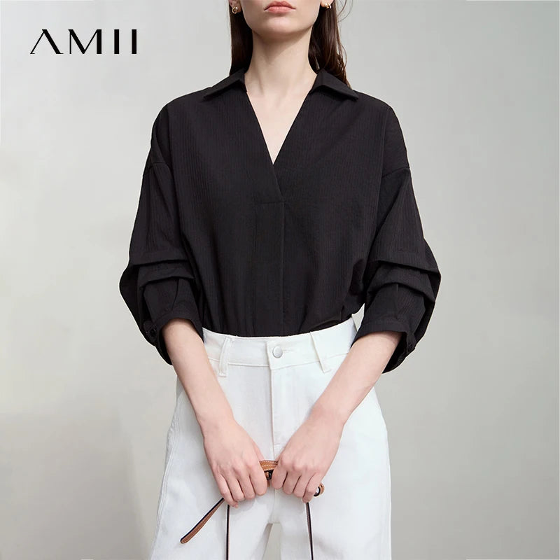 AMII Minimalist Women Loose Shirt 2026 Summer Commuter Light Luxury V-Neck Colla Cotton Top Three-Quarters Sleeve Tops 12512055