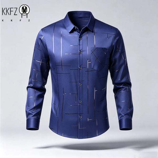 Male Spring Autumn Long Sleeve Shirts Lapel Style Wrinkle Free Fabric Geometric Line Print Chest Pocket Button Shirts