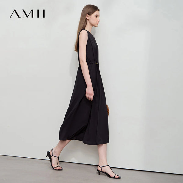 រ៉ូប Amii Minimalism រដូវក្តៅឆ្នាំ ២០២៦ វិជ្ជាជីវៈនារី រ៉ូបវែងរលុង ដៃខ្លី ចង្កេះខ្ពស់ រចនាដោយខ្សែអង្កាំ 12542177