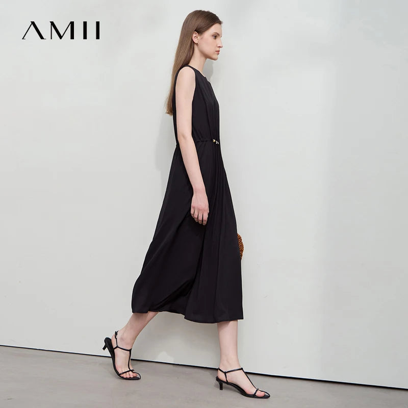 រ៉ូប Amii Minimalism រដូវក្តៅឆ្នាំ ២០២៦ វិជ្ជាជីវៈនារី រ៉ូបវែងរលុង ដៃខ្លី ចង្កេះខ្ពស់ រចនាដោយខ្សែអង្កាំ 12542177