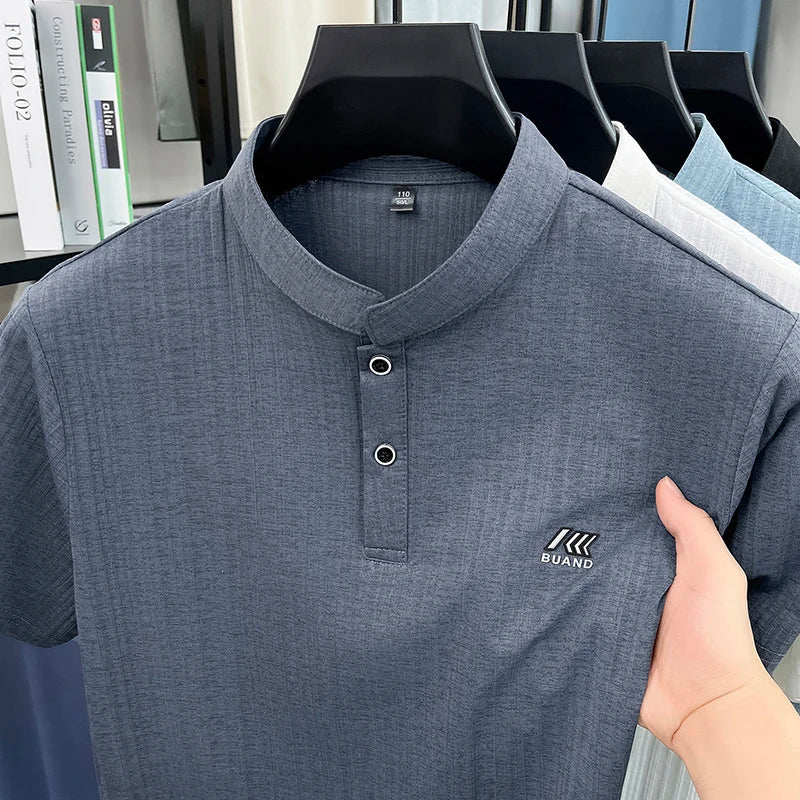 Luxury Quality Men Short-Sleeved T-Shirt Mock Neck Button Letter Print Summer Top-Selling T-Shirt Sleeves Leisure Men's Clothing
