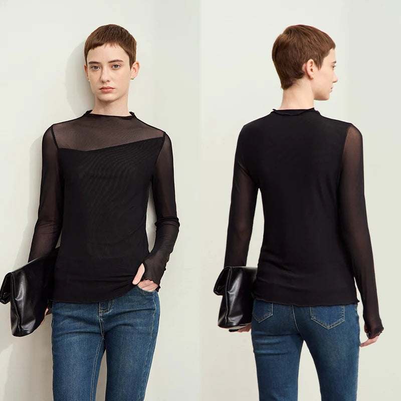 អាវយឺត Amii Minimalism Mesh សម្រាប់ស្ត្រី 2026 រដូវស្លឹកឈើជ្រុះថ្មី Office Lady ពាក់កណ្តាលខ្ពស់ Micro Perspective អាវ Retro ស្ដើង 12423055