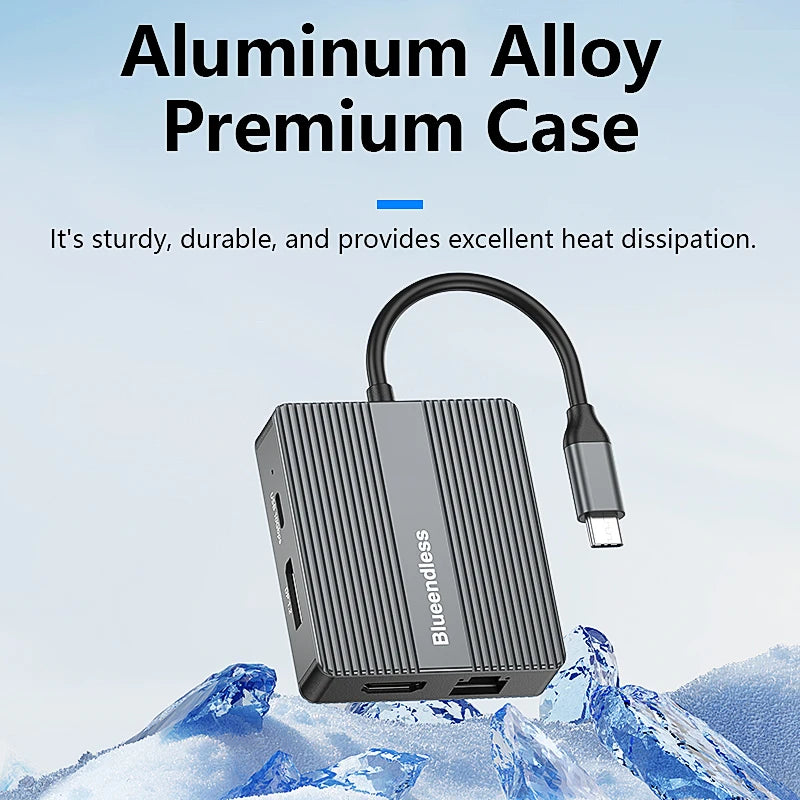 មជ្ឈមណ្ឌល USB C របស់ Blueendless 7 ក្នុង 1 អាដាប់ទ័រ USB3.2 ប្រភេទ C Hub ស្ថានីយ៍ចតកុំព្យូទ័រយួរដៃជាមួយ 4K 60Hz Dual HDTV RJ45 Ethernet PD សាកថ្មលឿន