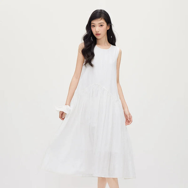 រ៉ូបស្ត្រី Semir ធ្វើពីក្រណាត់ Jacquard Linen កប្បាស អាវយឺតខ្លី រចនាប័ទ្មវិស្សមកាលរបស់ក្មេងស្រី អាវធំពណ៌ស Maxi ឆ្នាំ ២០២៦ រដូវក្តៅ