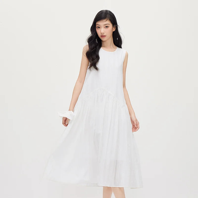 Semir Women Dress Jacquard Linen Cotton Tank Dress Girlish Vacation Style White Maxi 2026 Summer Top