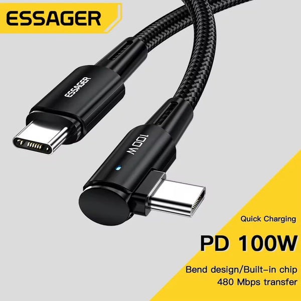 ខ្សែសាក Essager 100W USB Type C ទៅ USB C មុំ 90 ដឺក្រេ សម្រាប់ iPad MacBook Pro Xiaomi Samsung Huawei សាកលឿន Type-C ខ្សែកាលបរិច្ឆេទ