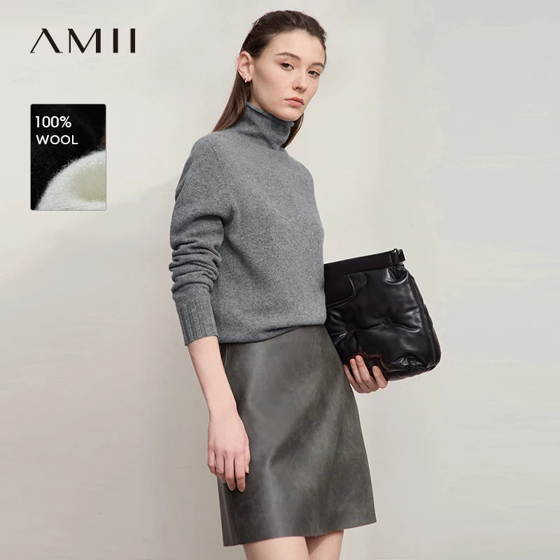 អាវយឺត AMII សម្រាប់នារី រដូវស្លឹកឈើជ្រុះ ឆ្នាំ២០២៥ អាវដៃវែងថ្មី ធ្វើពីរោមចៀម និងកអាវកវែង ពណ៌រឹង អាវយឺតរលុង សម្រាប់នារី 12513014