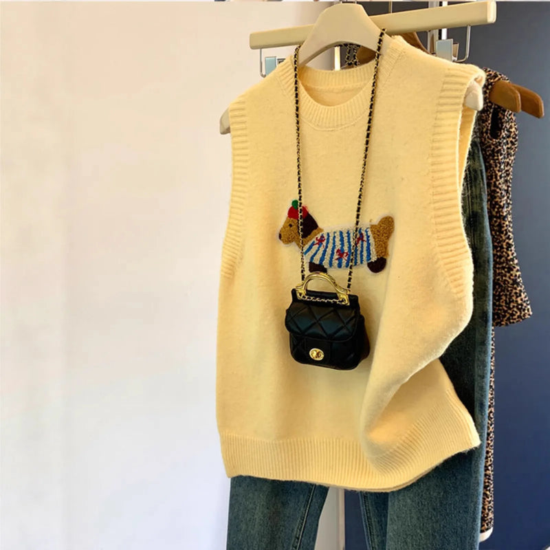 Basic Cartoon Sleeveless Vest Knitted Sweater Spring and Autumn Loose Ladies Knitwear Top Woolen Jackets Women Waistcoat