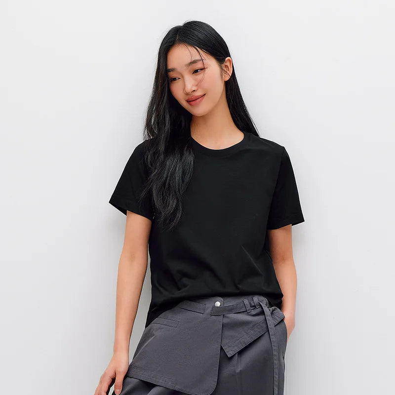 Semir Women Tshirt Solid Color Slim Fit Crew Neck Short Sleeve Summer 2026 Versatile Casual Everyday Fashion Top