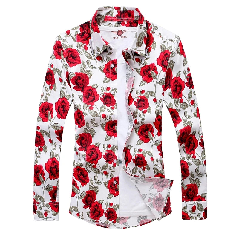 2026 New Men's Black-Red Rose Printed Cotton Shirt, Square Collar Long Sleeve Shirts, White Fashion Tops Camisa/ Chemise