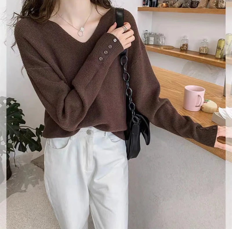 Elegant V Neck Long Sleeve Knitwear Woman Clothes Spring Autumn Pullover Sweater Basic Wear Knitted Tops Female Pulls Jumper