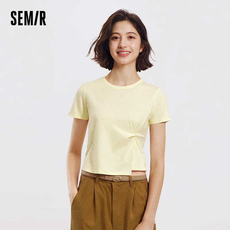 Semir Womens Tshirt 2026 Short Style Solid Slim Regular Shoulder Knot Asymmetric Design Casual Soft