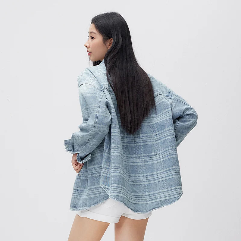 Semir Soft Shirt Women Spring 2026 Plaid Denim Loose Casual Comfortable Daily Wear Versatile Stylish Blouse