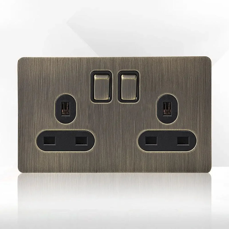 Retro Eu Metal Panel Wall Toggle Light Switch Socket,Bronzed Antique Stainless Steel German 16A Socket with USB Phone Charging