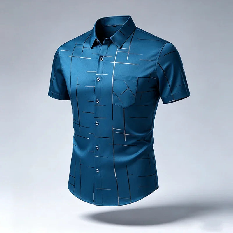 New Mens Lapel Short Sleeve Dress Shirts Anti Wrinkle Smooth Touch Fabric Slim Silhouette Office Daily Wear Tops