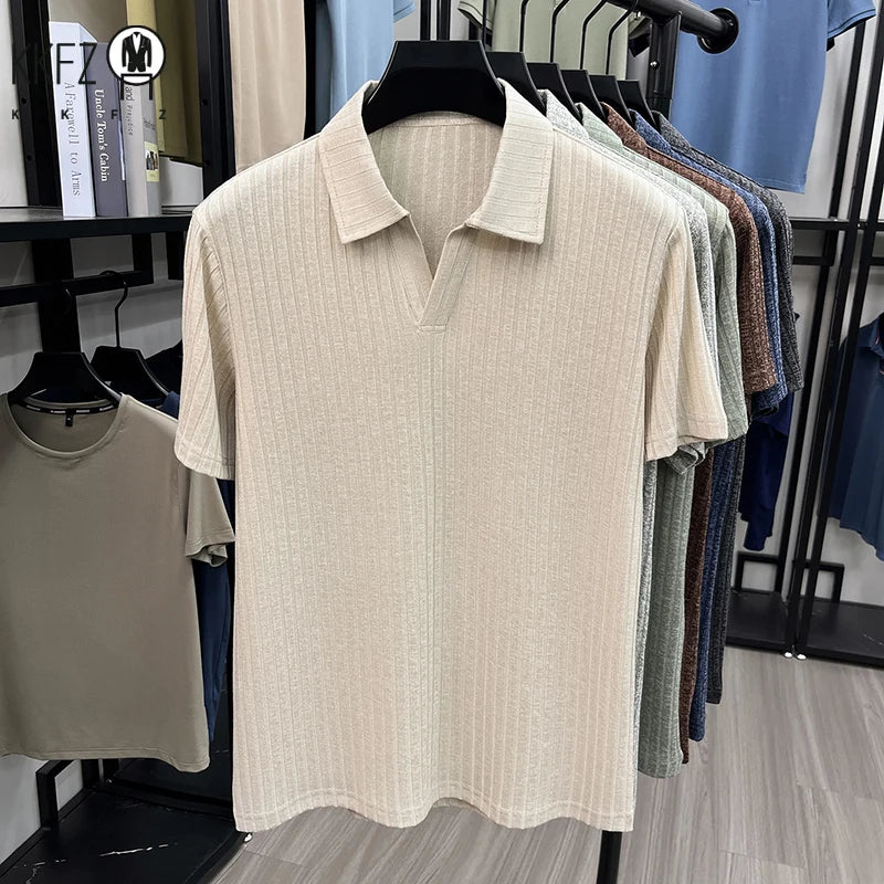 Men's Knitted Polo T Shirt Short Sleeve Ribbed Striped Design Breathable Fabric Lightweight Casual Business Summer Top