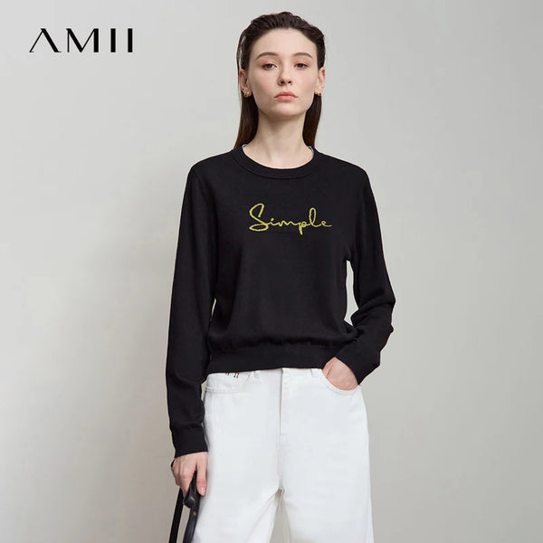 AMII Minimalist Women's Long Sleeve Pullovers 2026 Autumn Fashion Letter Jacquard Straight Tops Casual O-Neck Sweaters 12523052