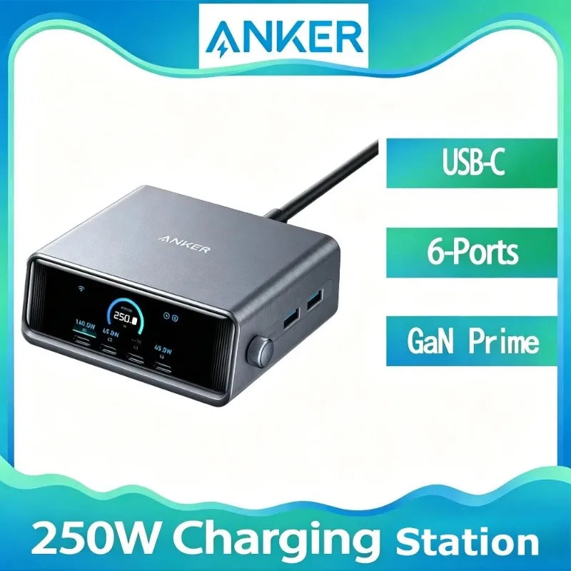 ស្ថានីយសាកថ្ម Anker Prime 250W A2345 GaN 6 រន្ធ ឆ្នាំងសាកលឿន USB-C អេក្រង់ LCD ទំហំ 2.26 អ៊ីញ ប៊ូតុងបញ្ជាឆ្លាតវៃ