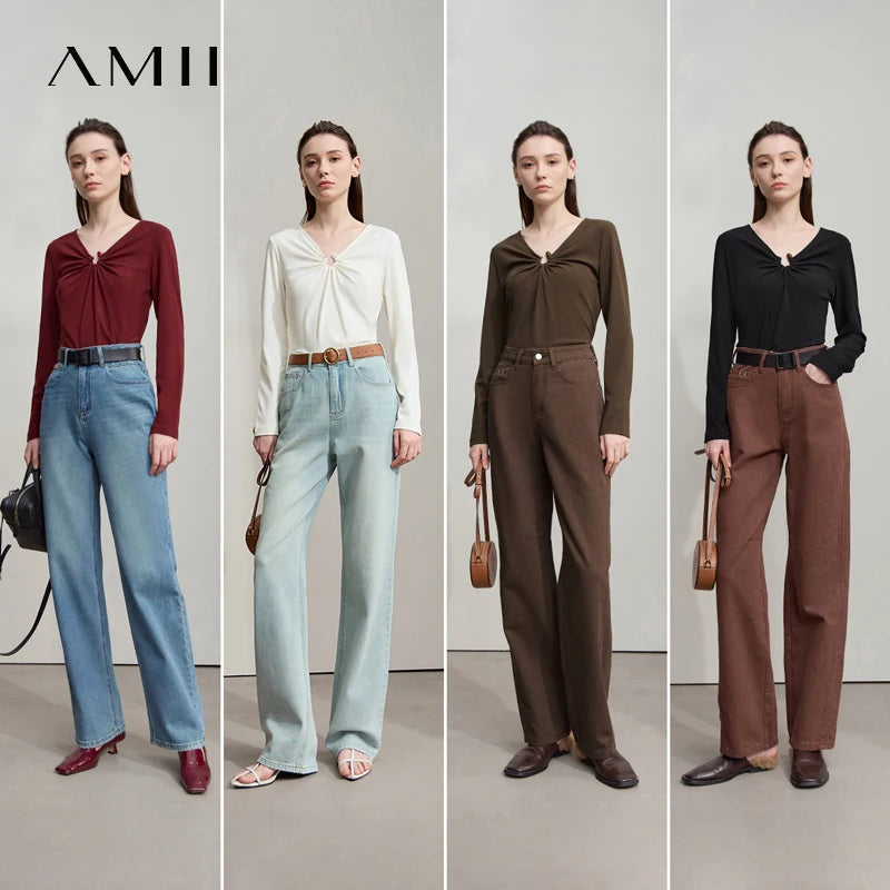 AMII 2026 Autumn Minimalism Solid V-neck T-Shirt Office Lady Long Sleeves Basic Slim Detachable Design Women Clothing 12523066