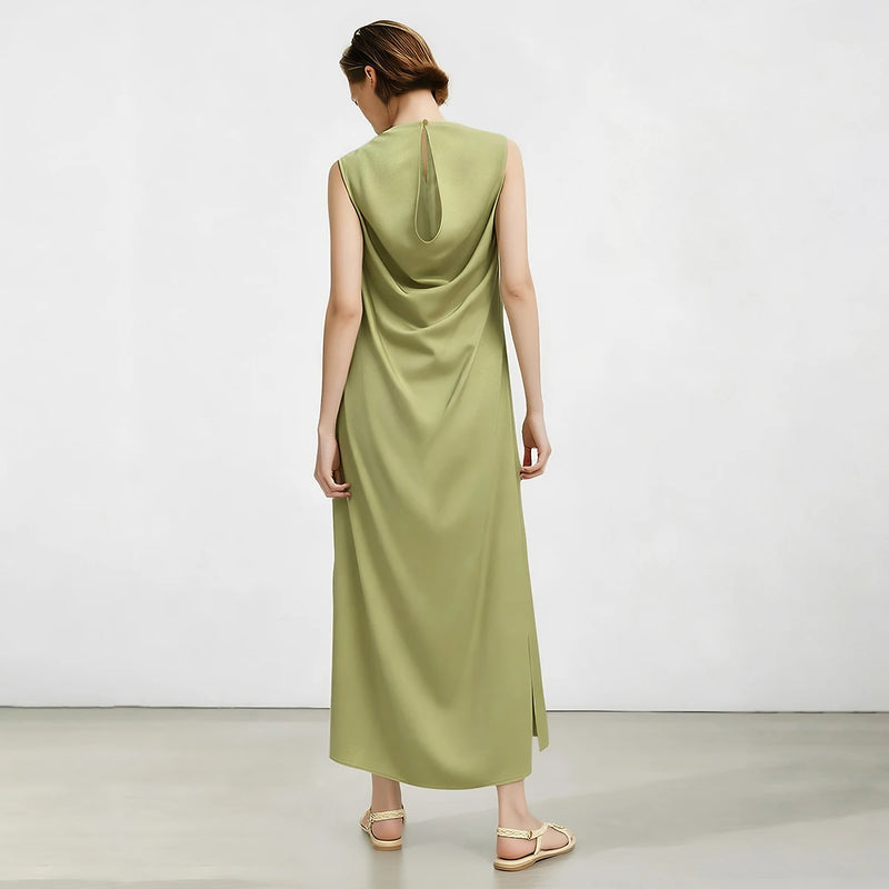 Amii Women's Dress 2026 Summer New Round Neck Cutout Pleated Acetate Sleeveless Elegant Flowy Long Dress For Women 12652065