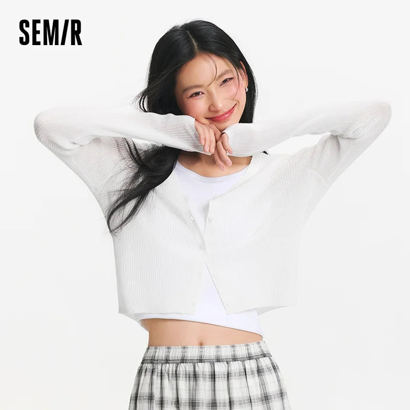 Semir Women Cardigan Short Slim Solid Lace V Neck Regular Shoulder Simple Layered Top 2026 Soft Breathable Fashion Wear