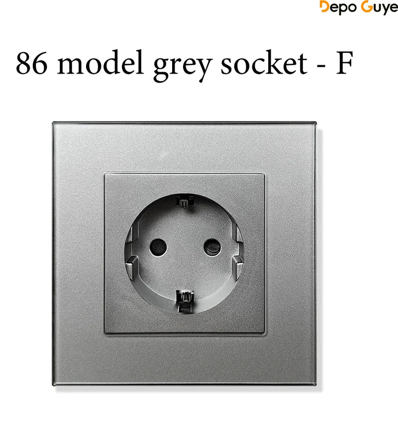EU Standard 86x86mm Tempered Glass Wall Socket 16A Power Outlet with 5V 2A USB Type C or Dual USB for Home Hotel Office