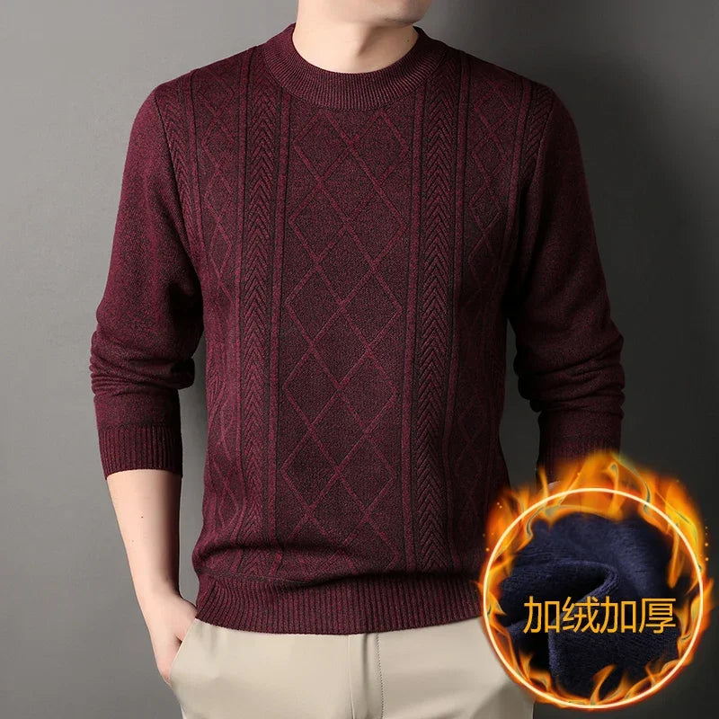 Elastic Rib Cuffs Male Crew Neck Sweater Thickened Plush Interior Mixed Jacquard Knitting Autumn Outdoor Leisure Top