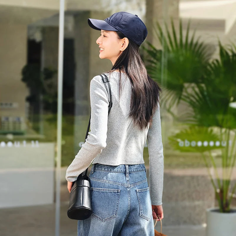 Semir Women Tshirt Cropped Mock Layer Colorblock Slim Fit Long Sleeve 2026 Shoulder Fit Knitted Urban Casual Everyday Top
