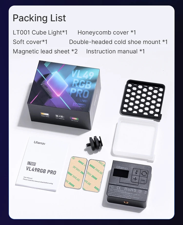 ភ្លើងវីដេអូ Ulanzi VL49 RGB PRO បានធ្វើបច្ចុប្បន្នភាពពណ៌ពេញលេញ LED វីដេអូ 2500mAh 2500K-9000K ភ្លើងកាមេរ៉ា ជាមួយនឹងឧបករណ៍បំបែក Honeycomb សម្រាប់ការថតរូប