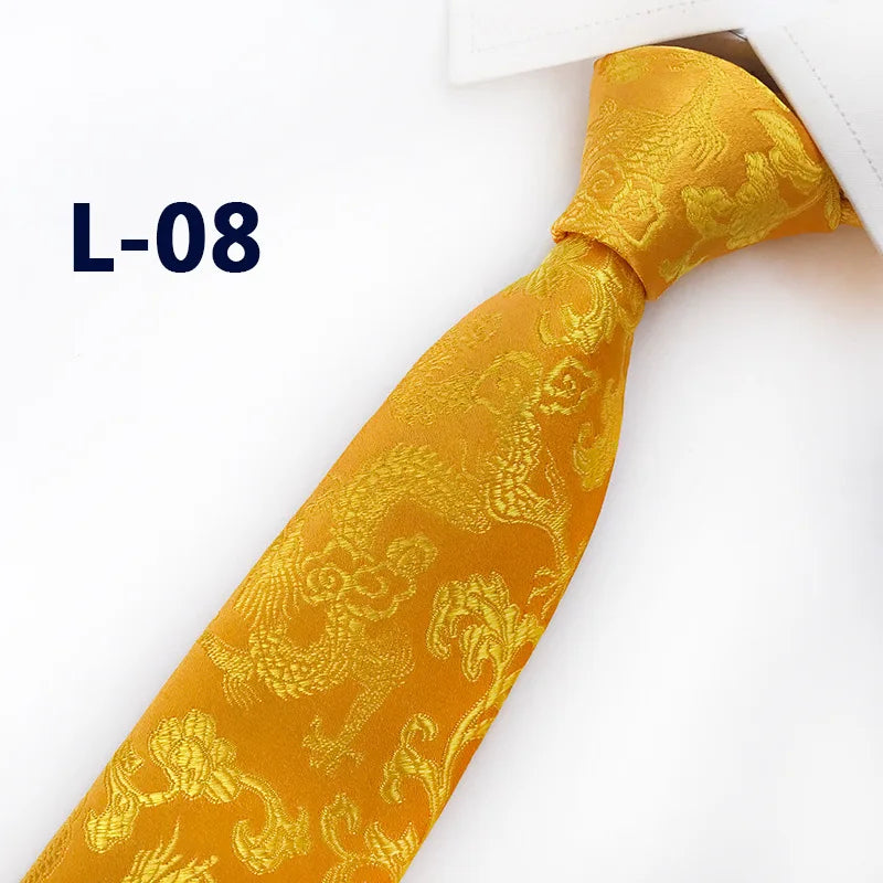 Men's Red Tie with A Chinese-style Design, Featuring A Jacquard Pattern of A Chinese Dragon; Available in Multiple Colors.