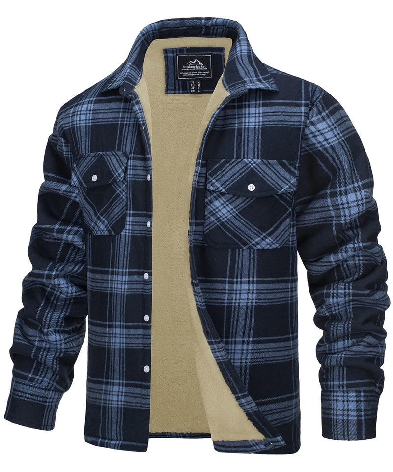TACVASEN Fleece Lining Jackets Mens Flannel Cotton Jackets Plaid Casual Button Down Cargo Work Coats Thicken Outwear Man Tops