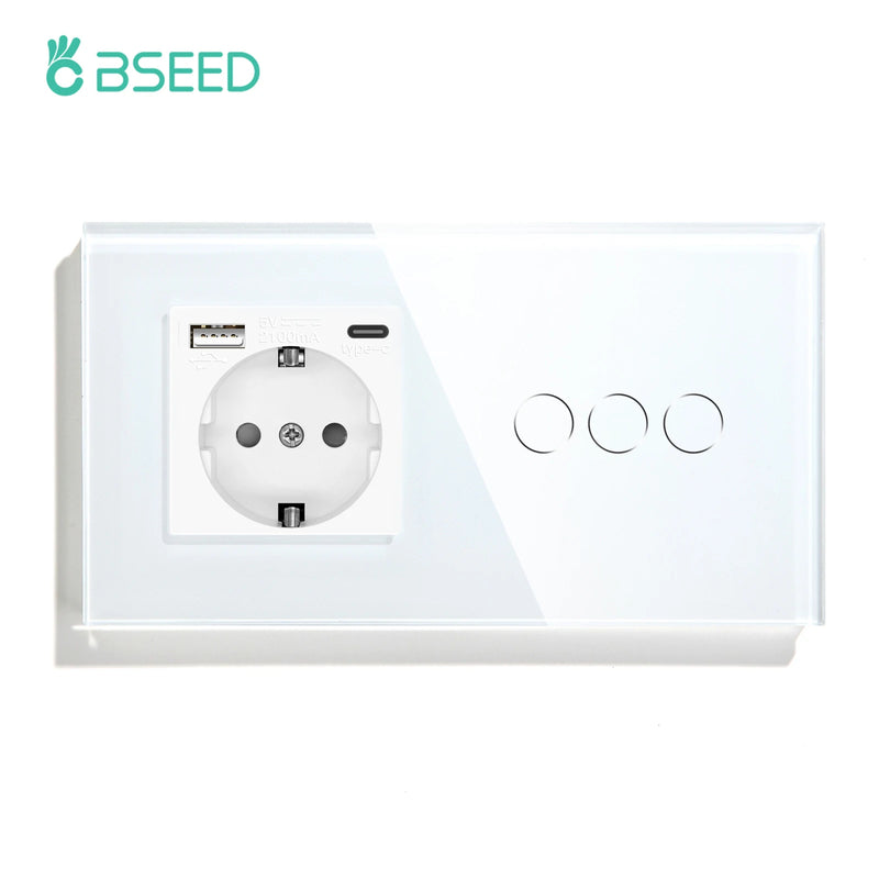 BSEED Wall Electrical Socket With 1/2/3Gang 1Way Touch Light Switch USB Type-c Charge Power Outlet Glass Panel White Wall Switch