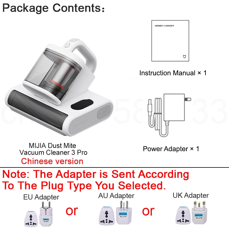 MIJIA Dust Mite Vacuum Cleaner 3 Pro,17kPa Suction,UV Sterilisation,3 Clean Modes,Smart Mite Detection,CN Version With Adapter