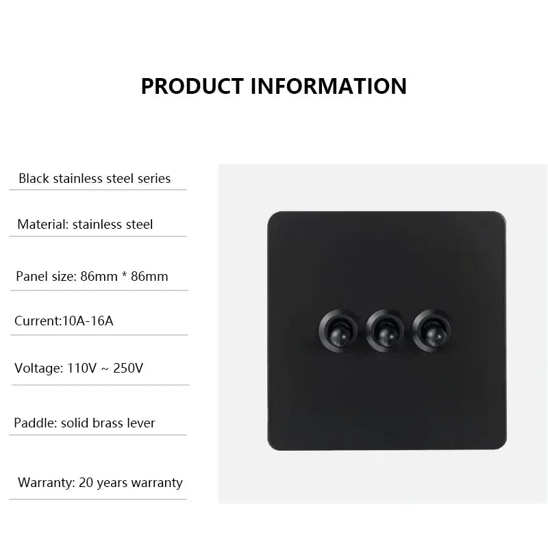 Black Vintage Toggle EU FR Lamp Switch Socket,Retro Brass Lever Light Switch Univeral Stainless Steel Dual Wall Socket With USB