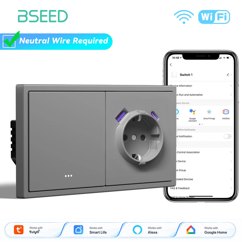 BSEED E Series 1/2/3/4Gang 2Way WIFI Light Switch Smart Click Button Switch Plastic With EU Power Socket Tuya Smart Life Control