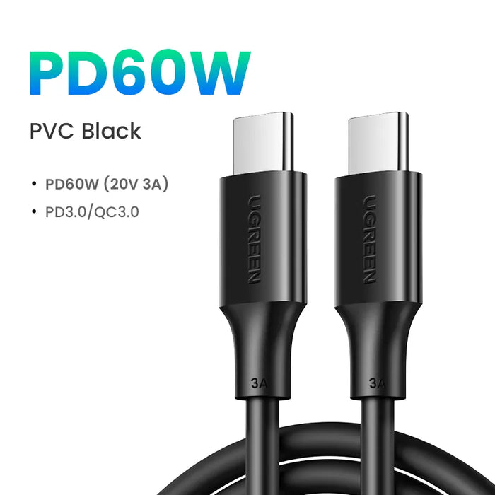 UGREEN 100W USB Type C To USB C Cable For Macbook iPad Samsung Xiaomi PD Fast Charging Charger Cord 5A E-Marker Chip Fast USB C 60W PVC Black CHINA