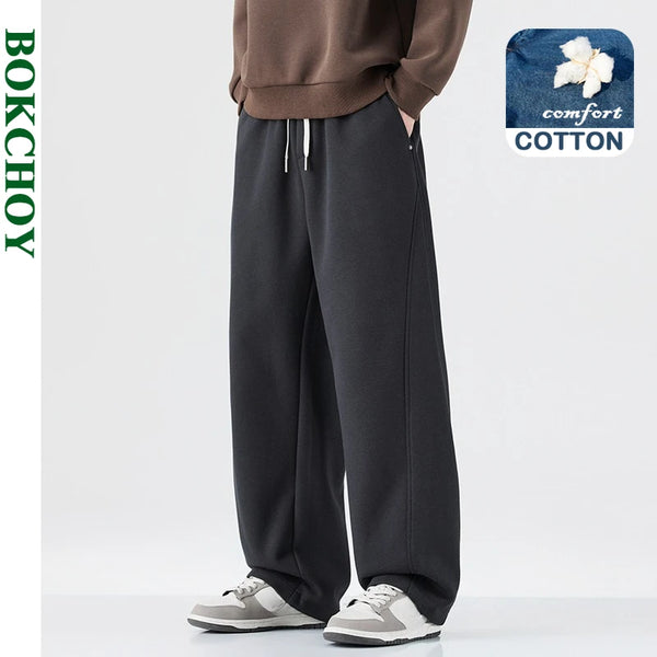 Autumn New Loose Patchwork Soft Cotton Straight Knitted Sweatpants for Men Clothing Drawstring Solid Color Trousers LX5036