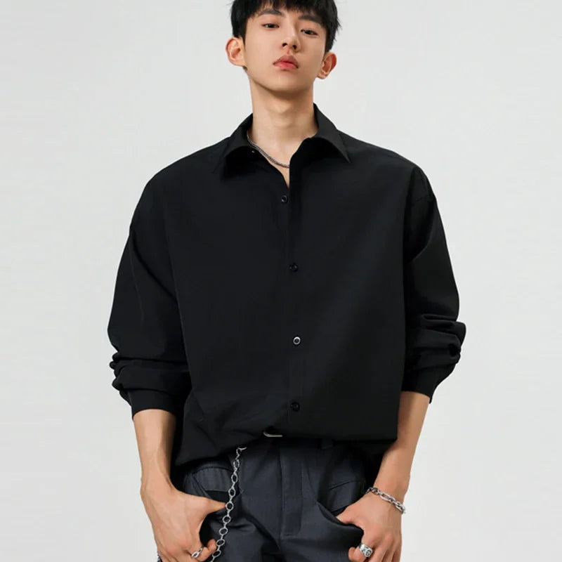 Mens All Match Collared Blouse Long Sleeve Single Breasted Soft Fabric Easy Layering For Business And Casual Occasions