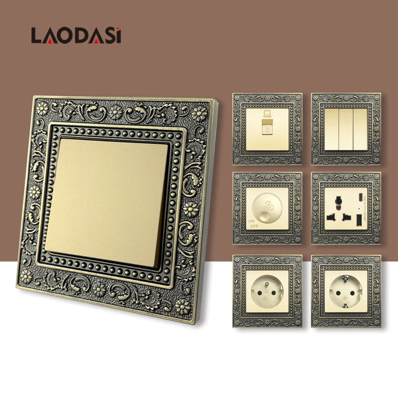 Deopoguye Vintage EU FR UK Light Switch Socket,Europe Standard Metal Zinc Alloy Push 1/2/3Gang Switch Panel for Home Improvement