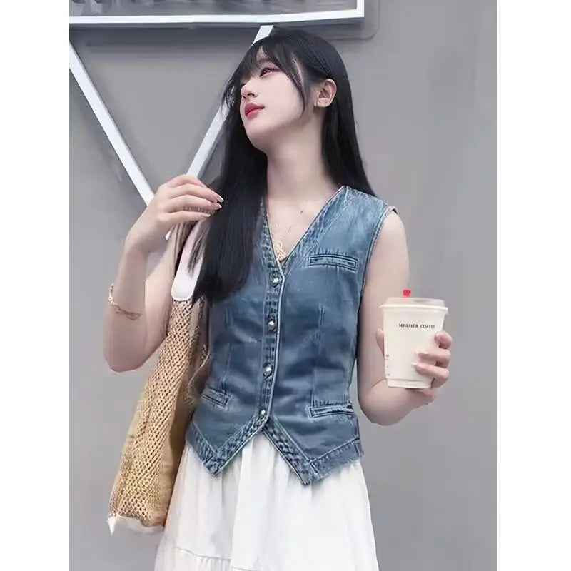 Denim V-neck Short Vest Jacket Women Spring Summer Fashionable Retro Versatile Sleeveless Top Autumn Slim Female Waistcoat