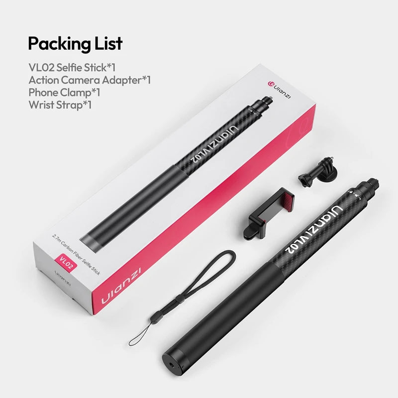 ដំបងថតរូប Ulanzi VL02 ប្រវែង 2.7 ម៉ែត្រ ធ្វើពីសរសៃកាបូន អាចពង្រីកបាន សម្រាប់កាមេរ៉ា Gopro Insta 360 DJI Action ទូរស័ព្ទដៃ ជាមួយវីស 1/4"