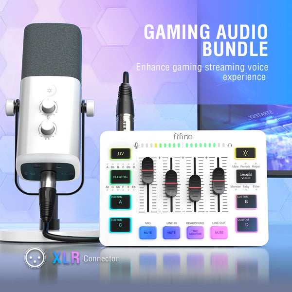 ឈុត FIFINE RGB Streaming Podcast ជាមួយមីក្រូហ្វូនថាមវន្ត និងឧបករណ៍លាយសំឡេងសម្រាប់លេងហ្គេម/ថត/ផ្សាយផ្ទាល់ ការគ្រប់គ្រងសំឡេងភ្លាមៗ - KS5W