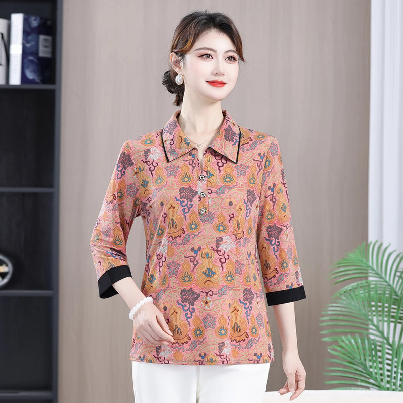 អាវយឺត Pullover ថ្មី កអាវបត់ចុះ បោះពុម្ពធរណីមាត្រ អាវបីភាគបួន រលុង